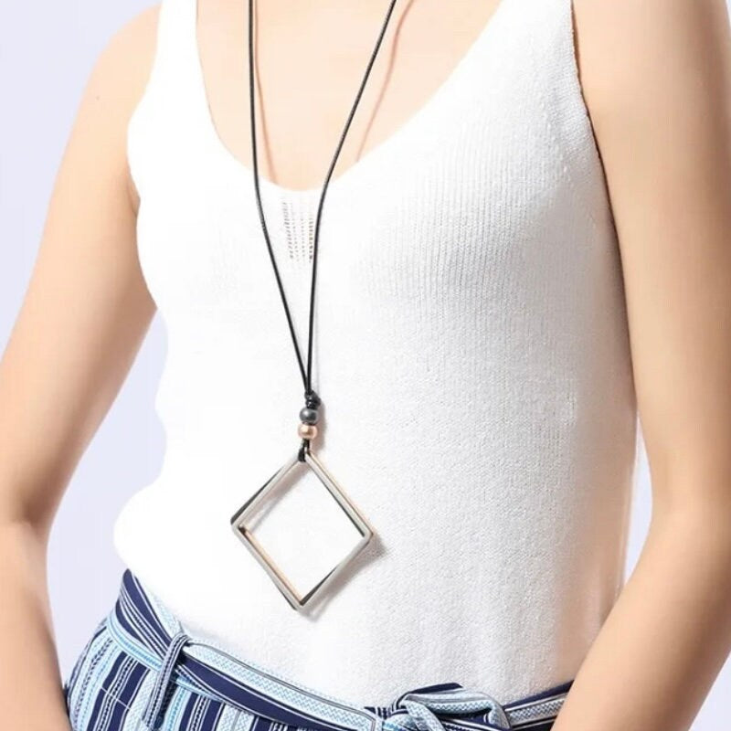 Triple Colour Square Pendant Statement Sweater Rope Chain Necklace