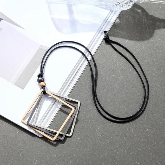 Triple Colour Square Pendant Statement Sweater Rope Chain Necklace