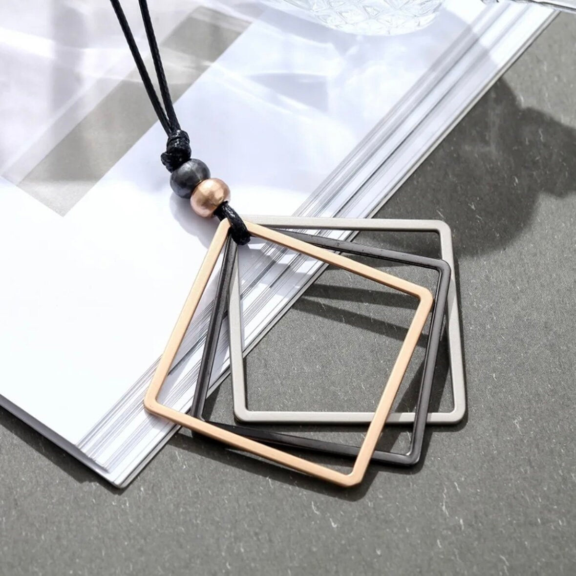 Triple Colour Square Pendant Statement Sweater Rope Chain Necklace