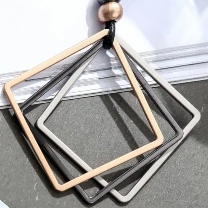 Triple Colour Square Pendant Statement Sweater Rope Chain Necklace