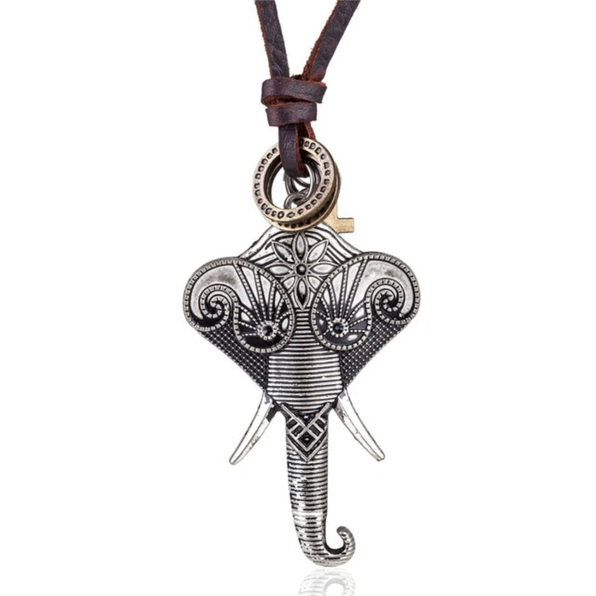 Vintage Large Elephant Pendant on Leather Brown Adjustable Chain Necklace