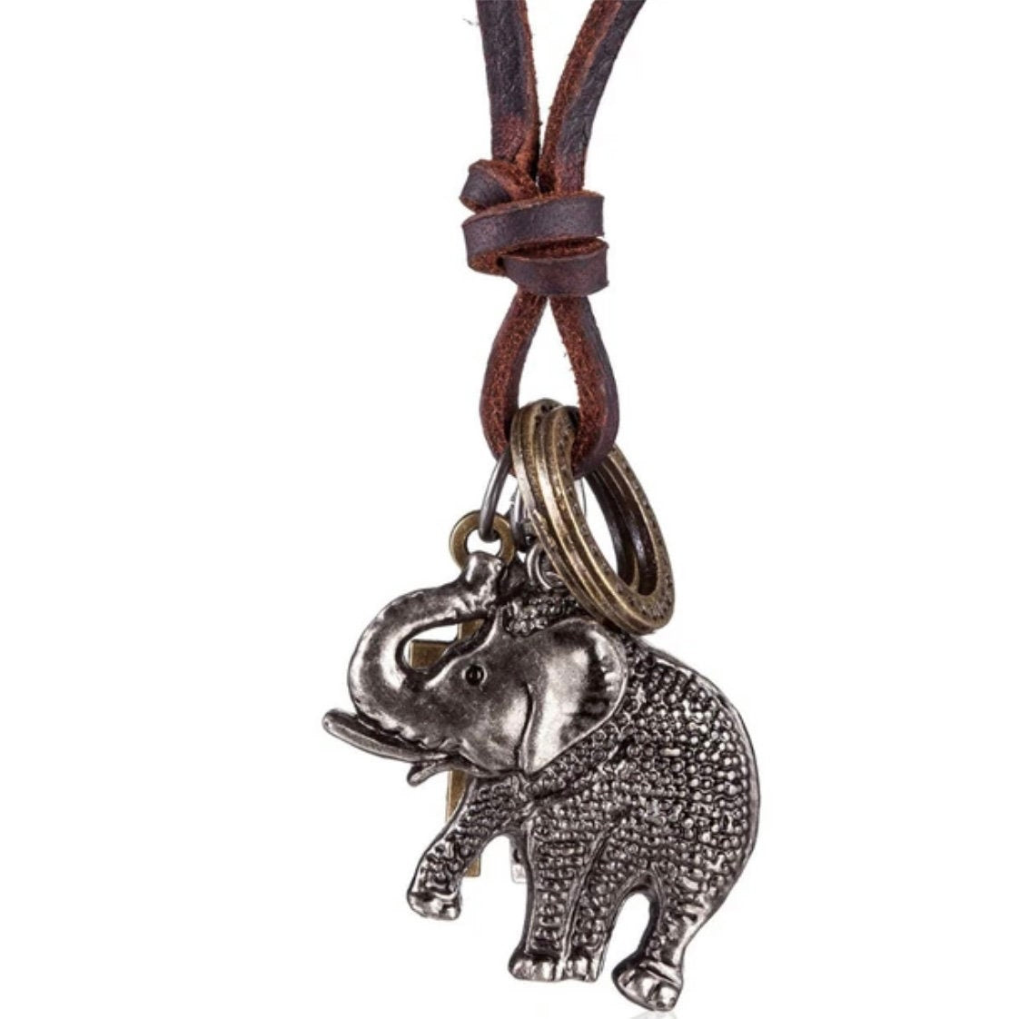 Modern Elephant Pendant with Long Leather Double Brown Necklace