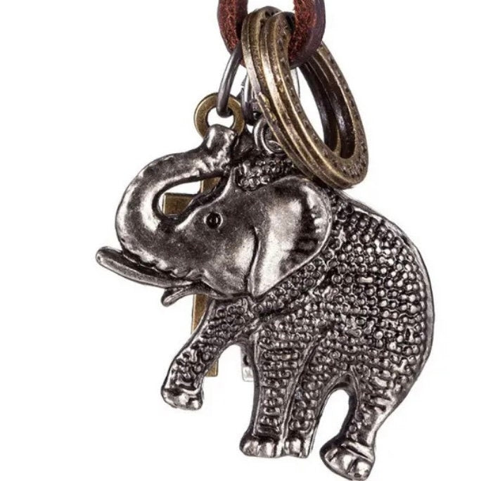 Modern Elephant Pendant with Long Leather Double Brown Necklace