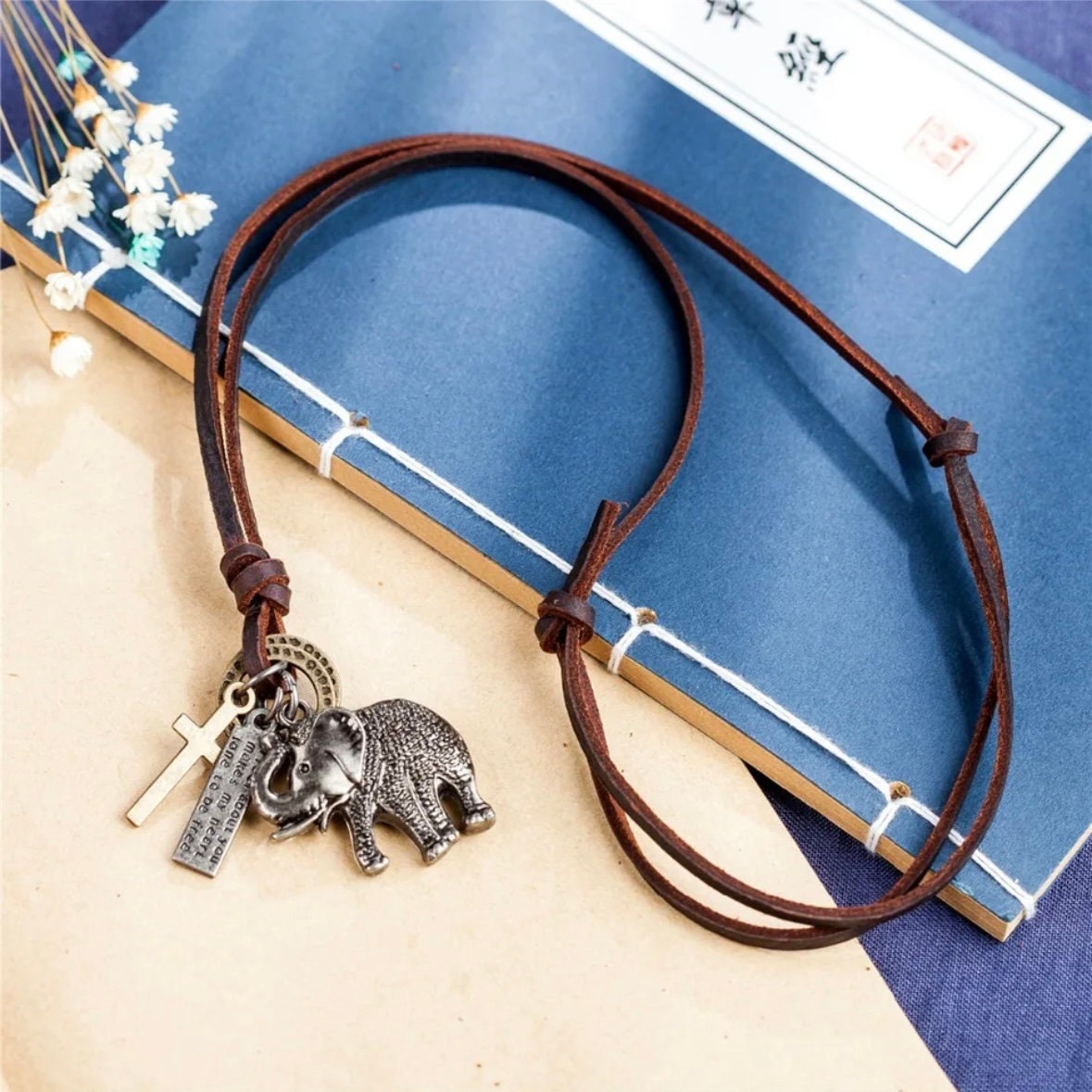 Modern Elephant Pendant with Long Leather Double Brown Necklace