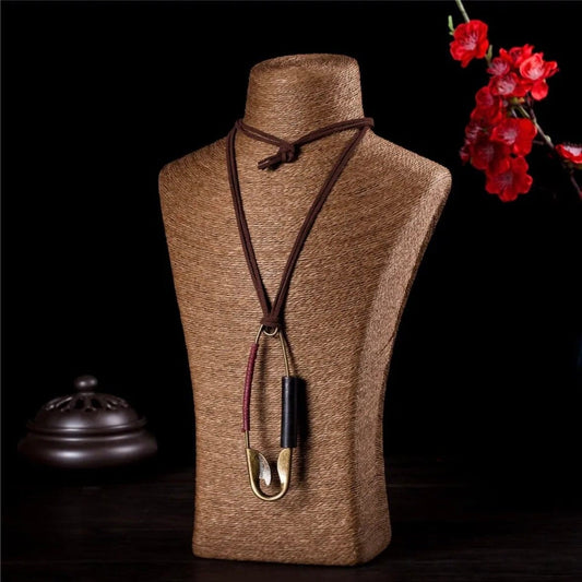 Big Safety Pin Gothic Pendant Long Sweater Brown Rope Chain Necklace