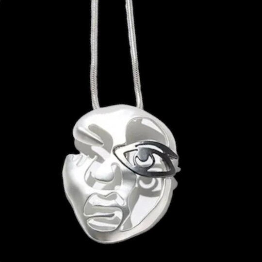 Silver Hollow Face with Black Eye Mask on a Long Silver Necklace