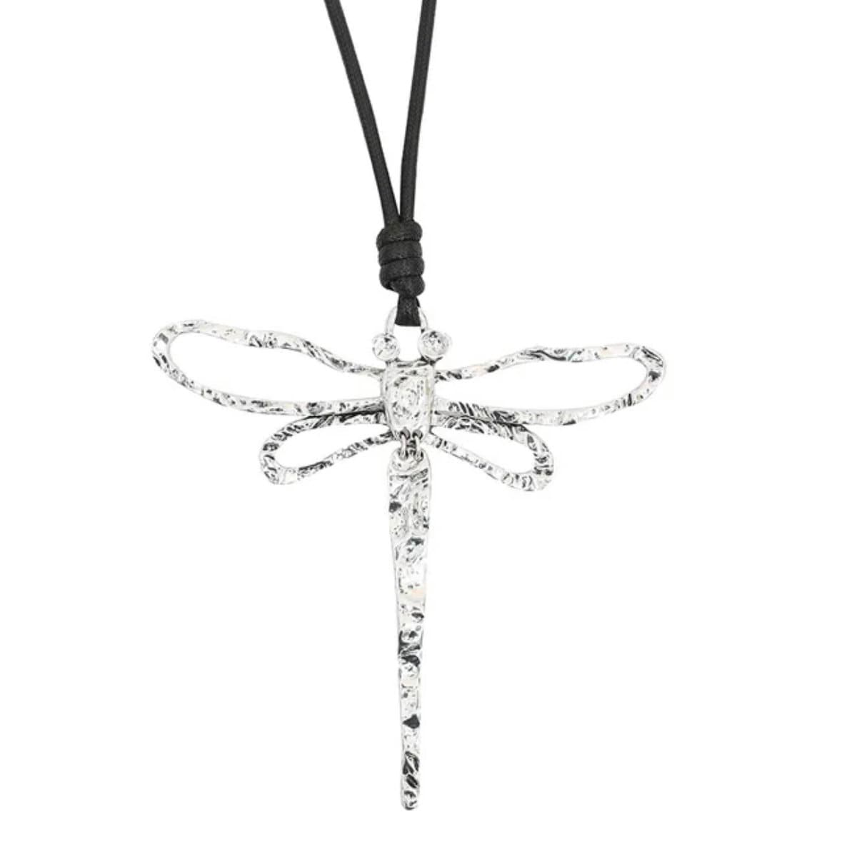 Silver Colour Dragonfly with Moveable Tail Pendant on a Long Black Rope Necklace