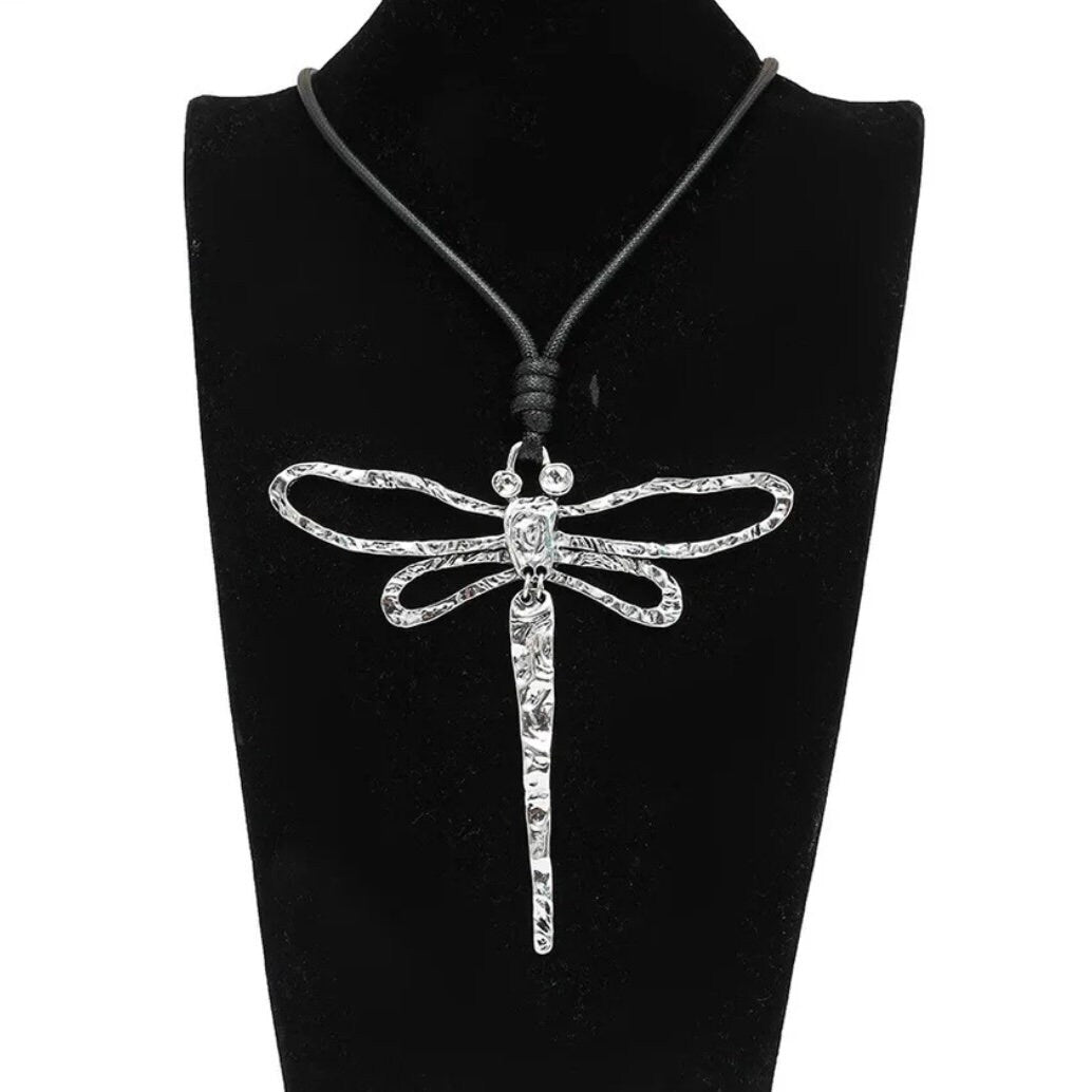 Silver Colour Dragonfly with Moveable Tail Pendant on a Long Black Rope Necklace