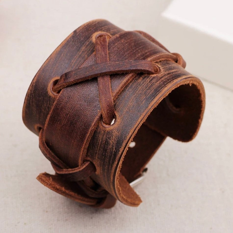 Rock Punk Leather Wide Cuff Bangle Bracelet