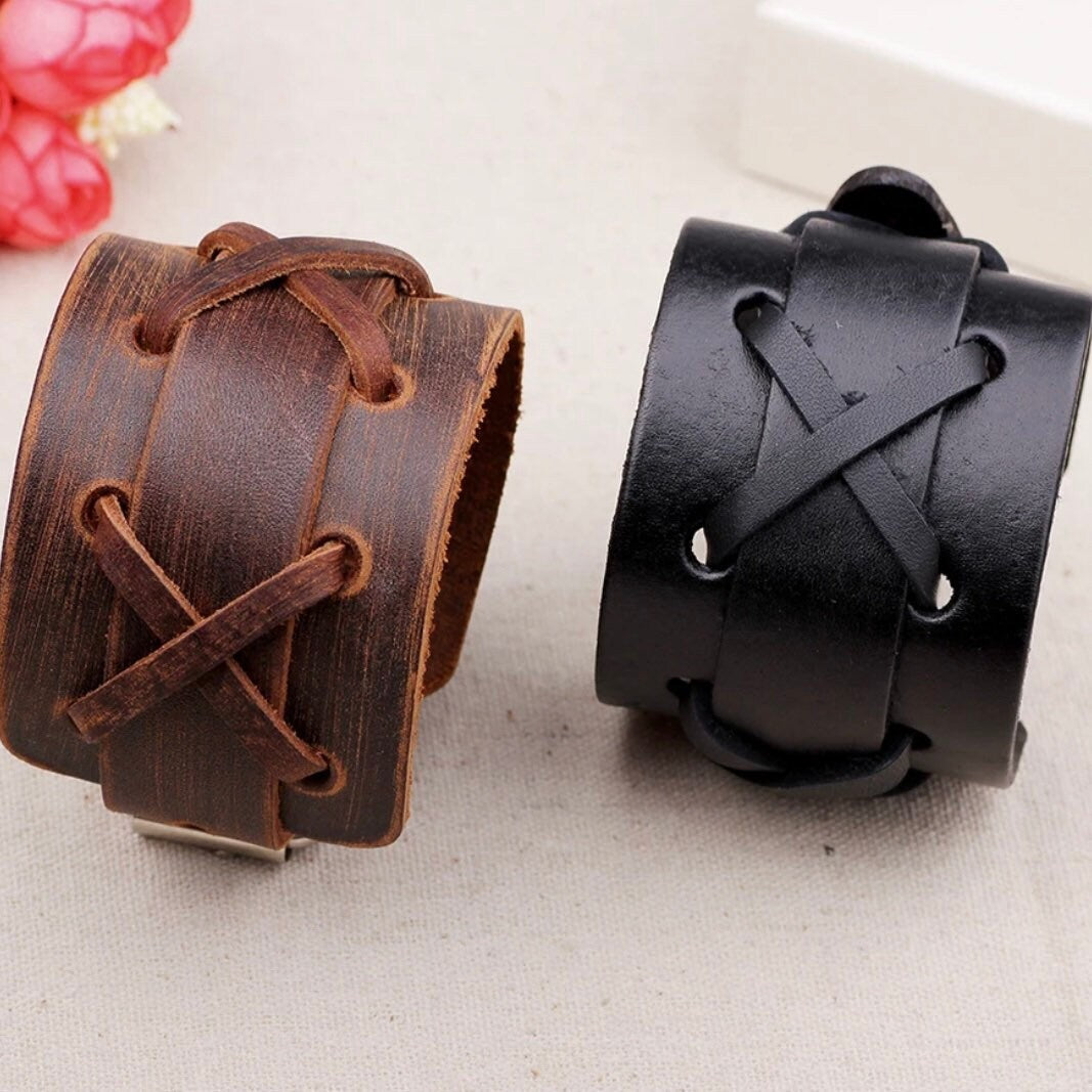 Rock Punk Leather Wide Cuff Bangle Bracelet