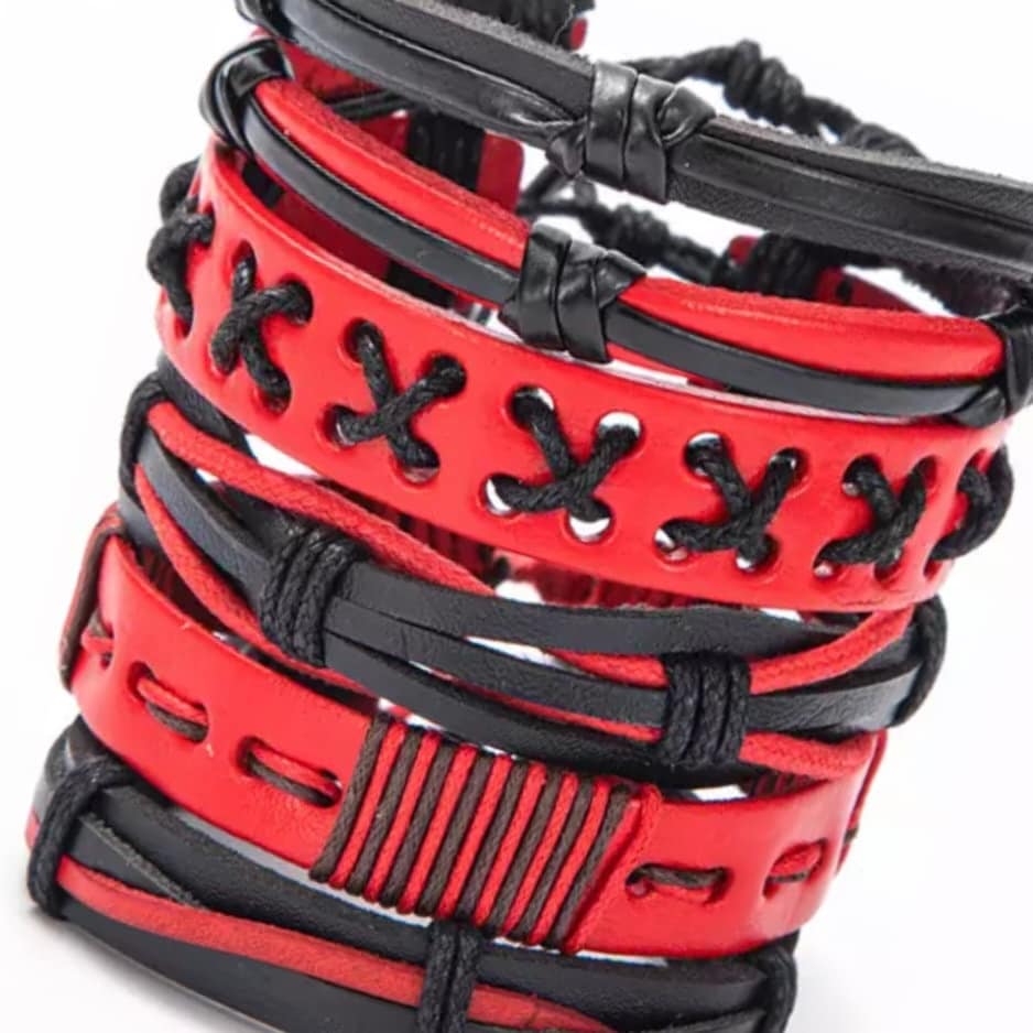 Retro Vintage Red & Black Multilayer Charm Adjustable Bracelet Wristband Cuff