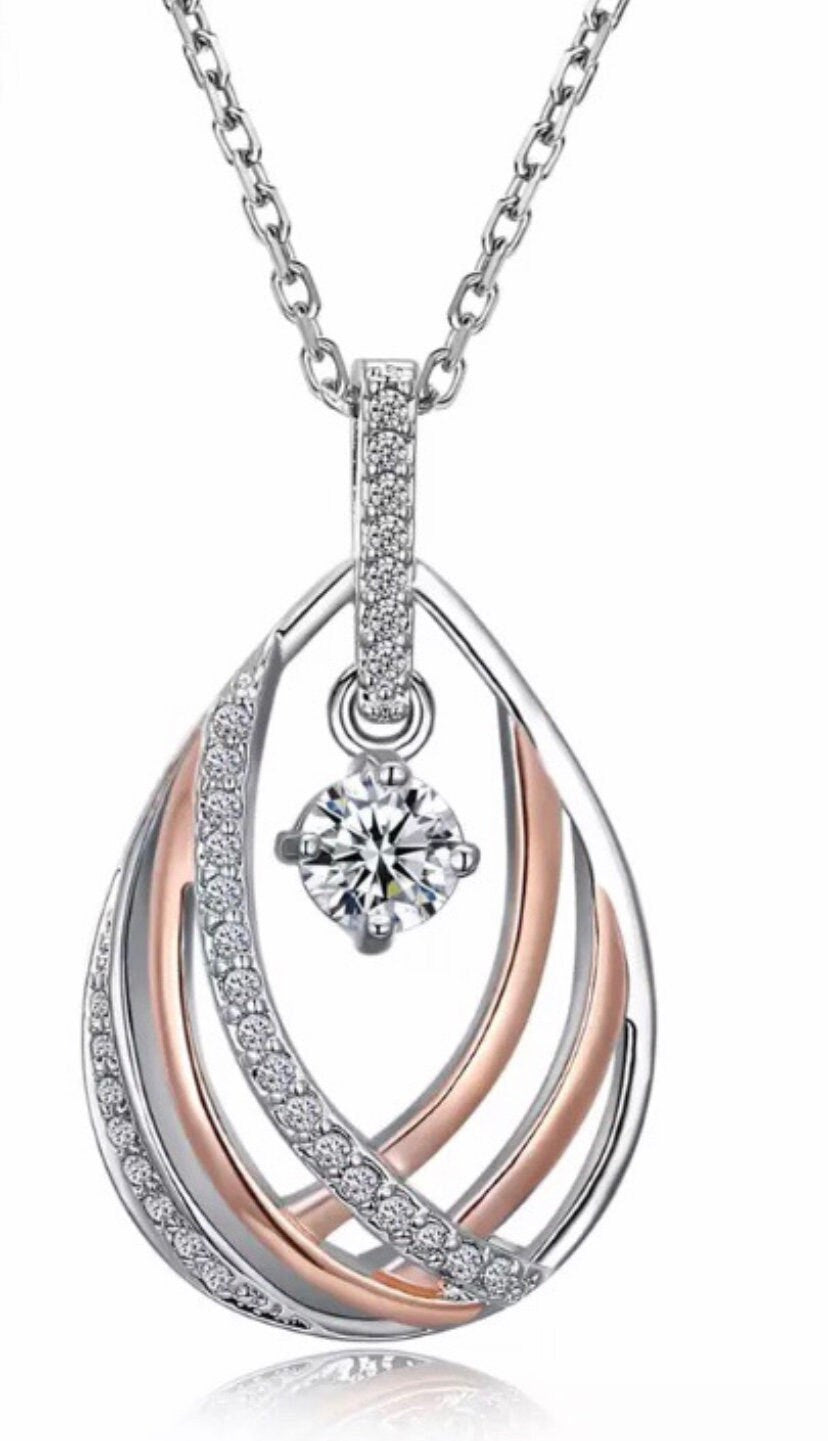 Silver Link Chain with Rose Gold and Silver Braided Pendant and Clear White Cubic Zirconia