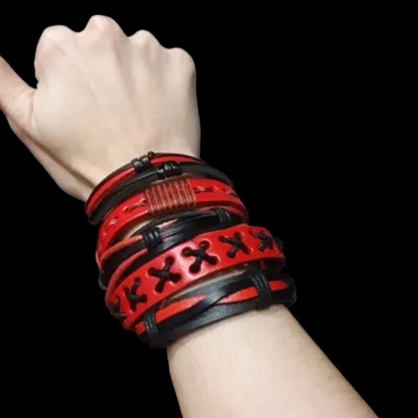 Retro Vintage Red & Black Multilayer Charm Adjustable Bracelet Wristband Cuff