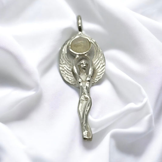 Angel Goddess Pendant with Beautifully Detailed Angel Wings and Rainbow Moonstone Gemstone in 925 Sterling Silver