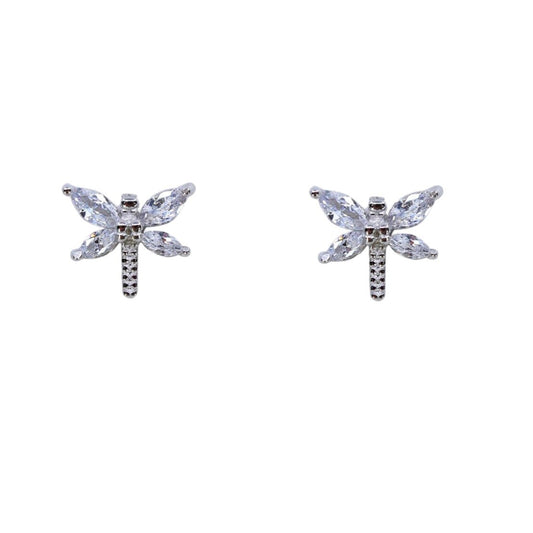 Silver Clear Cubic Zirconia Dragonfly Sterling Silver Stud Earrings