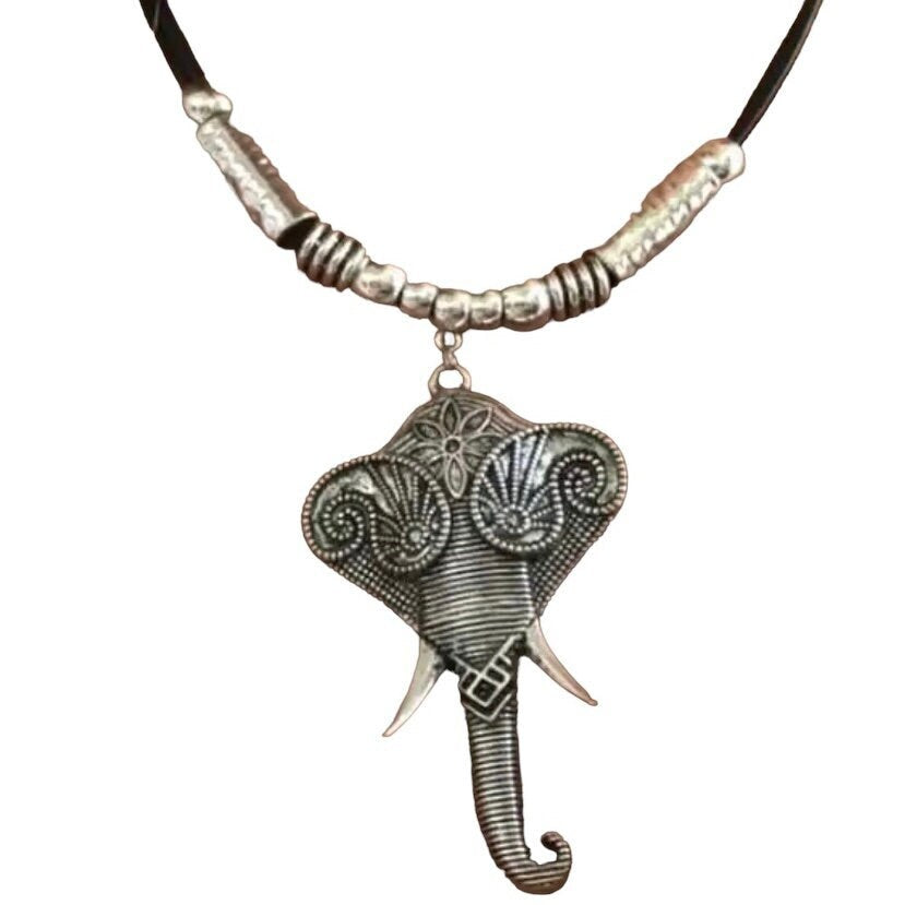 Bohemian Double Layered Black Leather Elephant Charm Choker Sweater Necklace