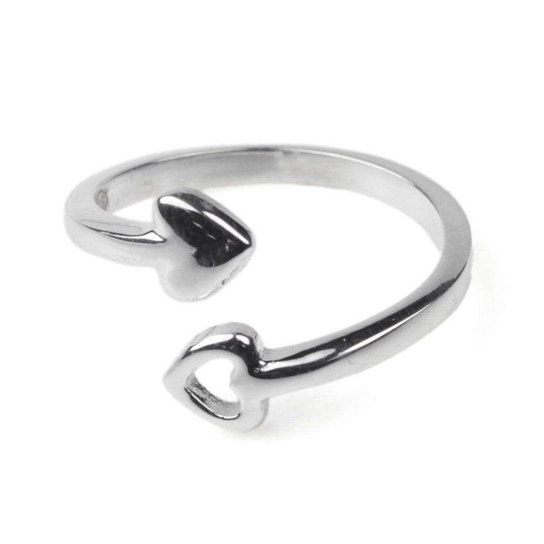 Pretty Sterling Silver Double Heart Open Adjustable Ring