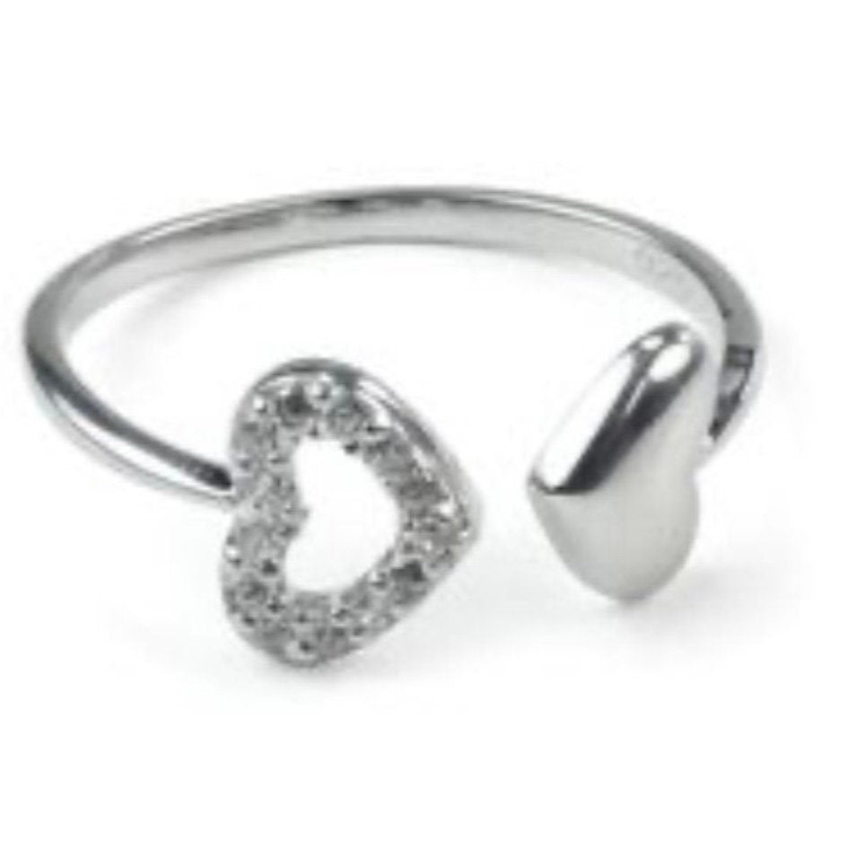 Sparkle Double Heart Cubic Zirconia Sterling Silver Open Adjustable Ring