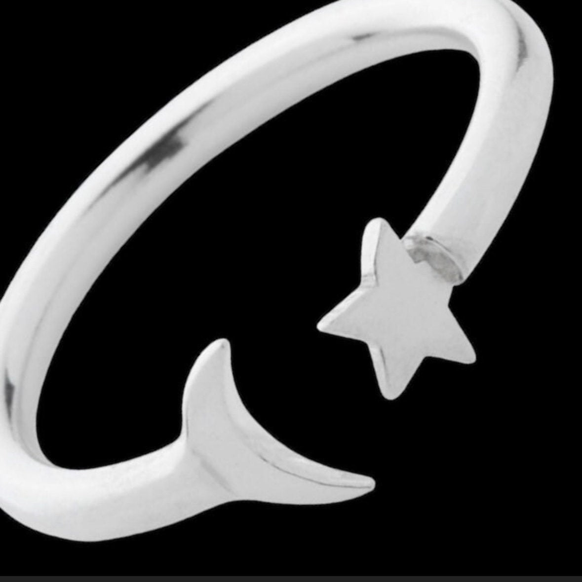 Sterling Silver Open Adjustable Moon and Star Ring