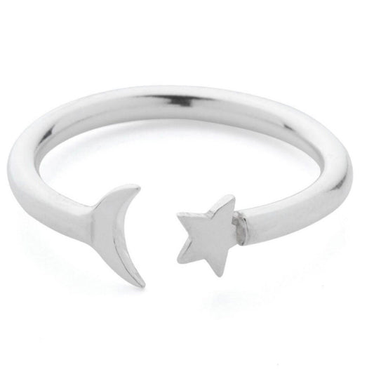 Sterling Silver Open Adjustable Moon and Star Ring