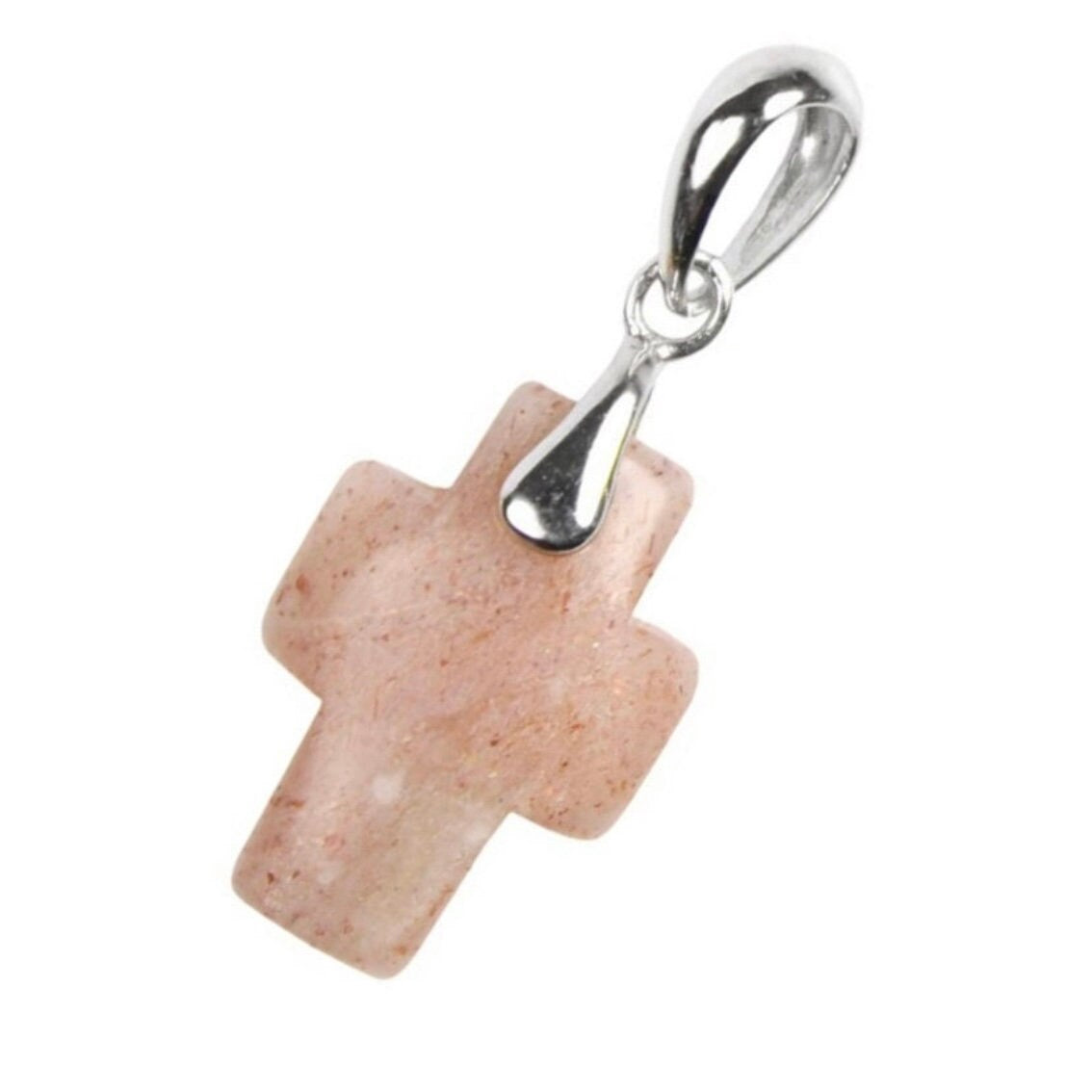 Light Pink Moonstone Gemstone Cross Pendant/Charm Set in Sterling Silver with Bail