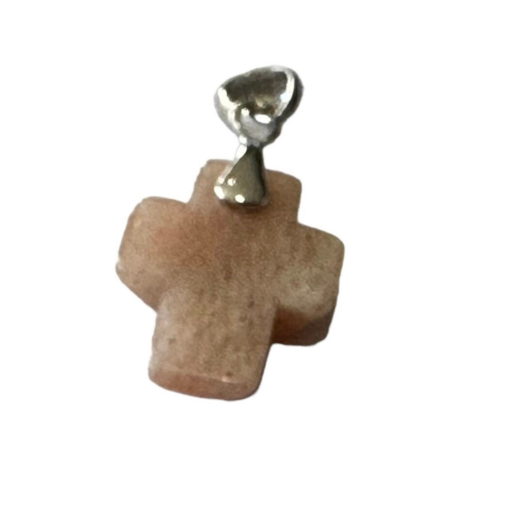 Light Pink Moonstone Gemstone Cross Pendant/Charm Set in Sterling Silver with Bail