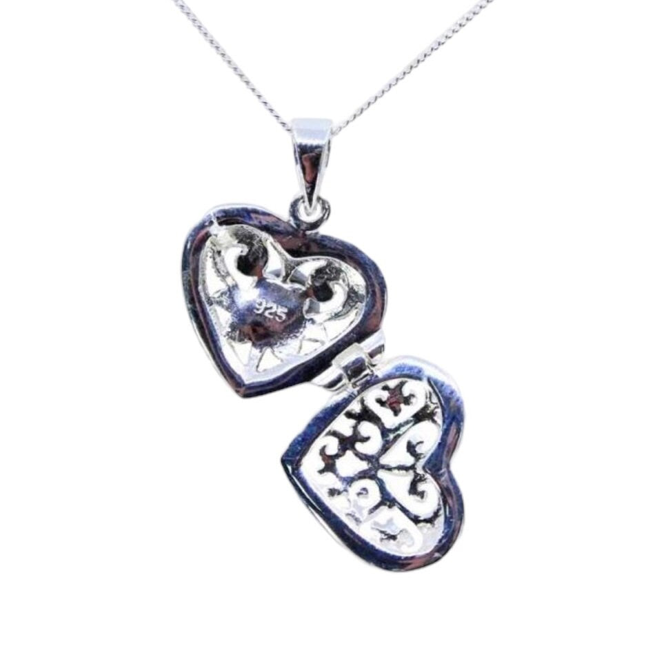 Sterling Silver Love Heart Locket with Marcasite Stones Pendant with Sterling 18 Inch Necklace