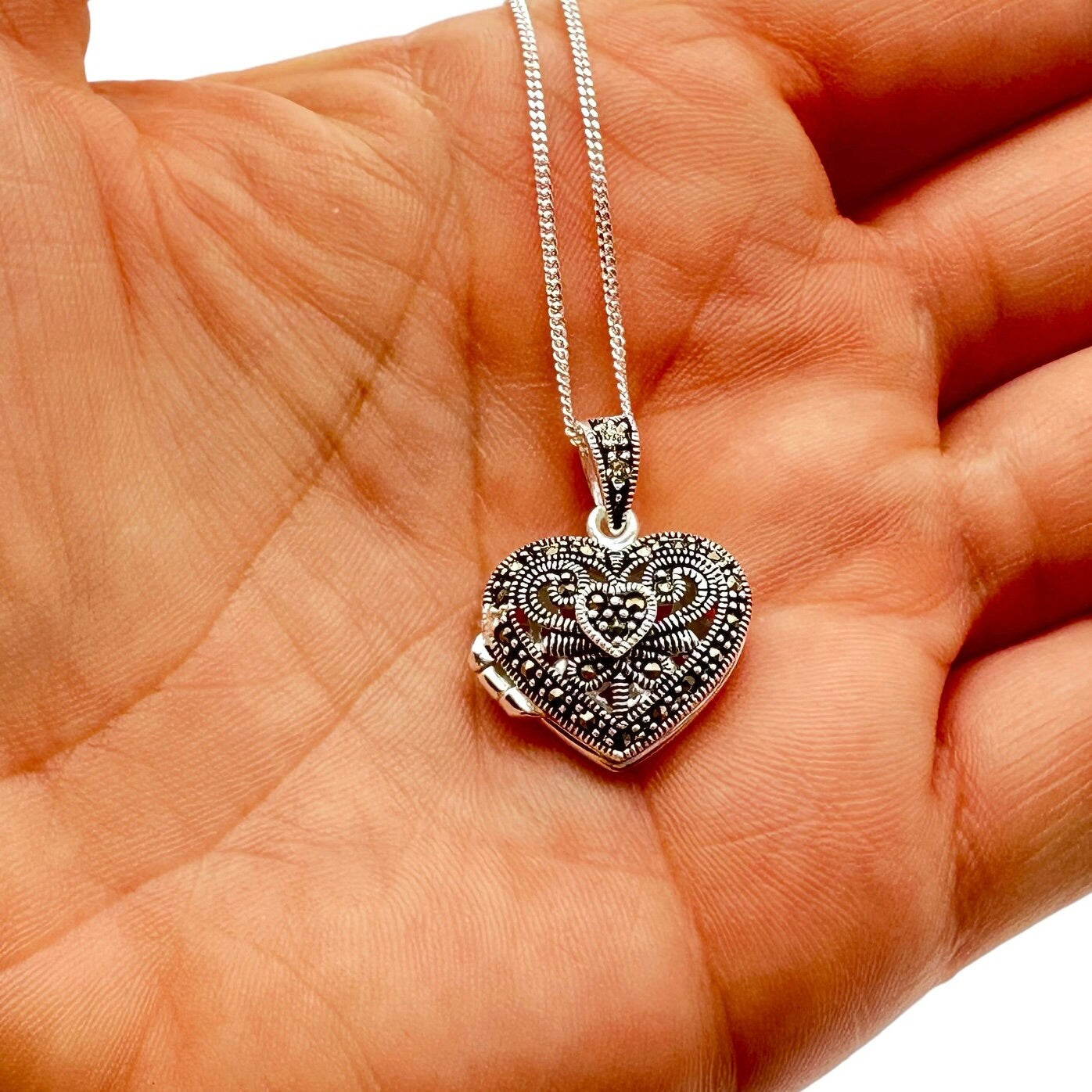 Sterling Silver Love Heart Locket with Marcasite Stones Pendant with Sterling 18 Inch Necklace