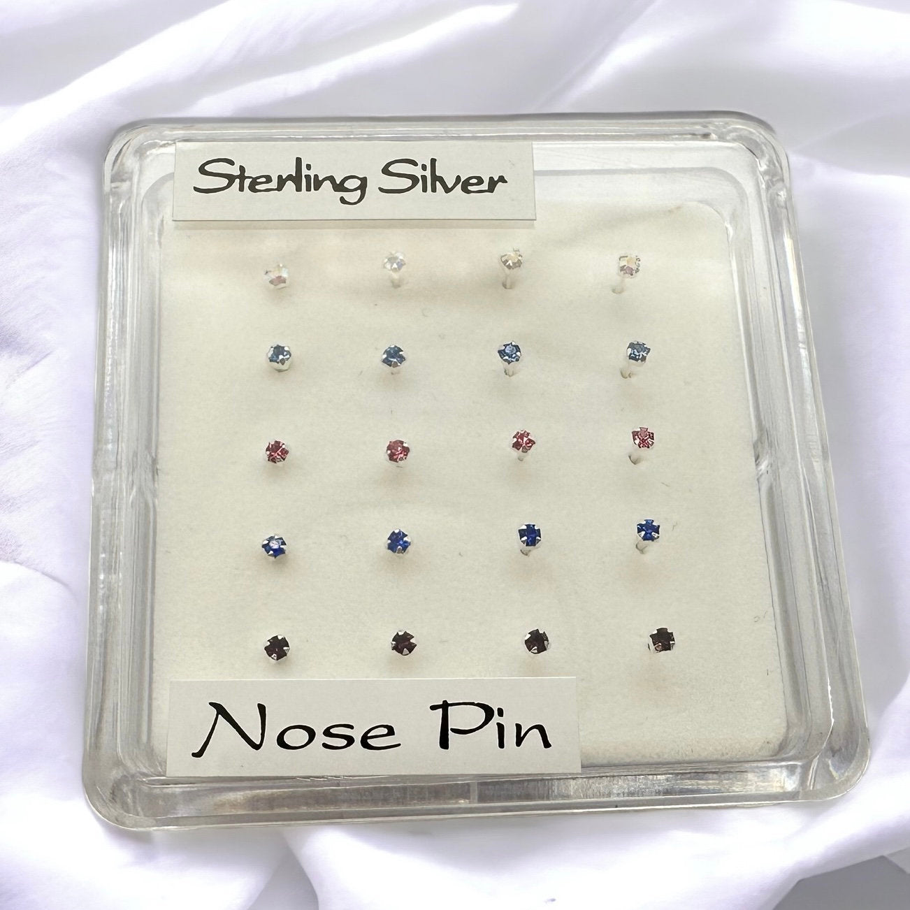 Box of 20 1.8mm or 2mm 4-Claw Assorted Crystal Colour Sterling Silver Nose Studs