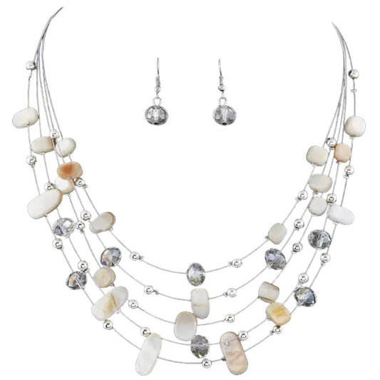 Multi Coloured Crystal or White Stone Shell Five Layered Necklace and Earring Jewellery Set