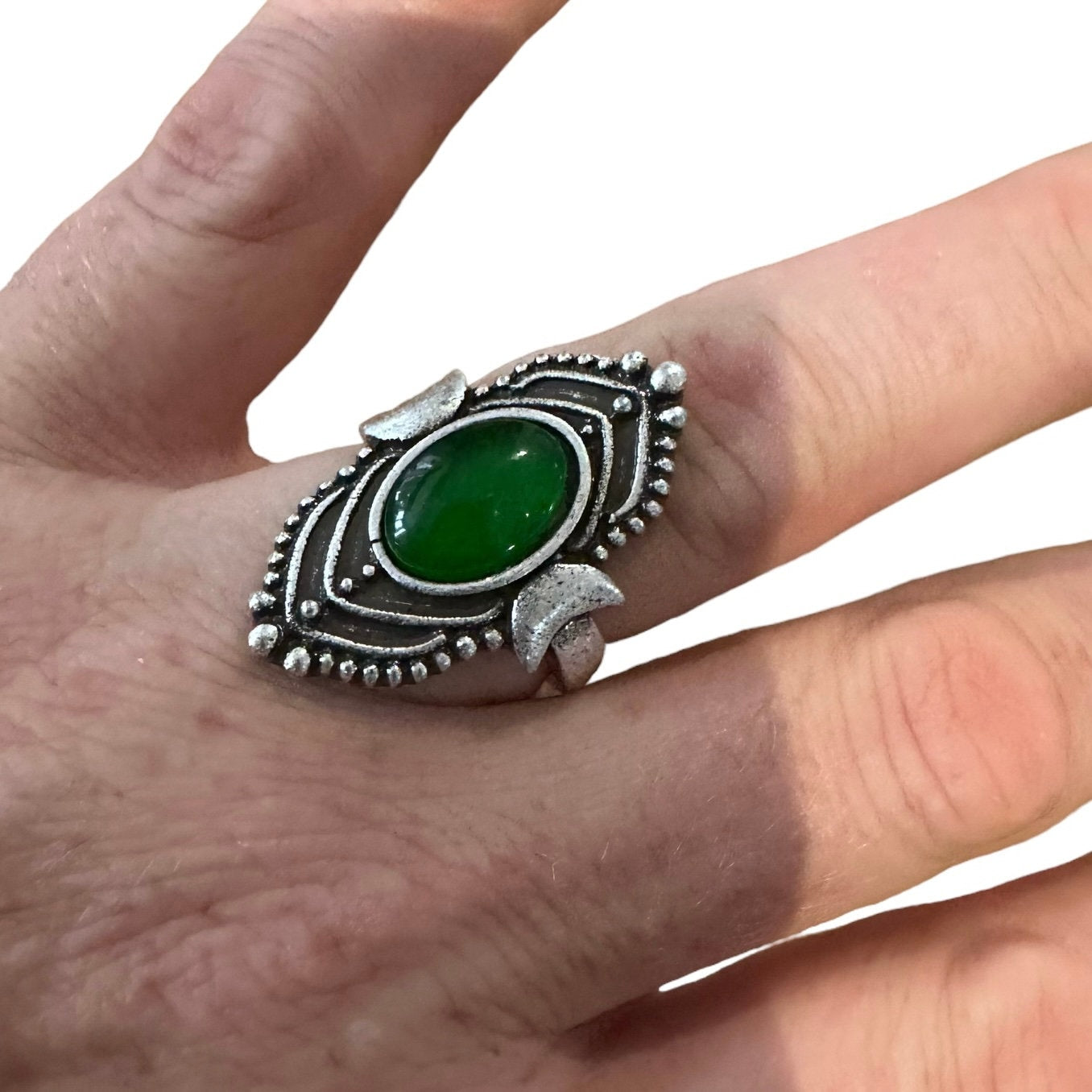 Gothic Witch Pagan Green Stone Silver Colour Ring