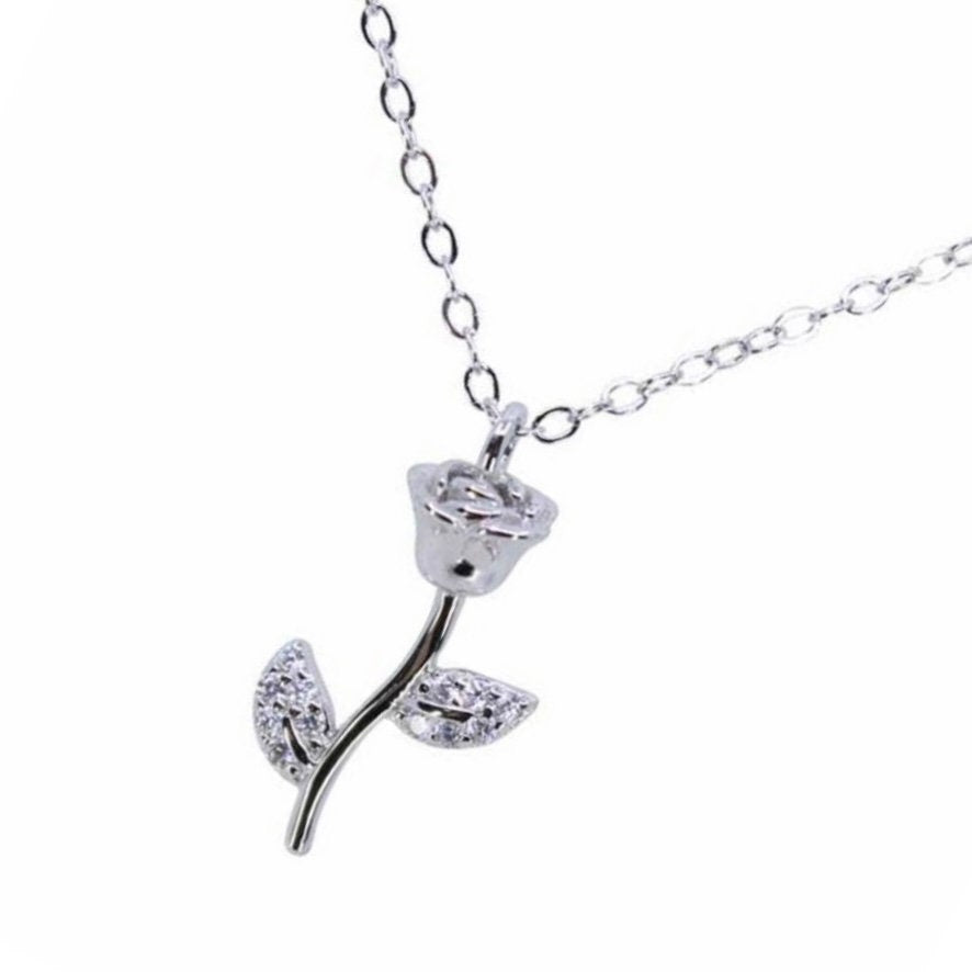 Silver Clear Cubic Zirconia Stones Rose Design Sterling Silver Pendant Necklace