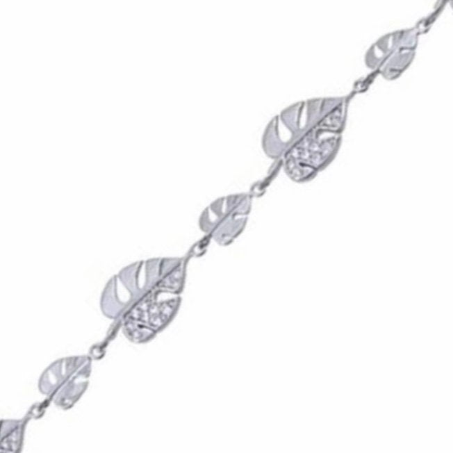 Clear Cubic Zirconia Monstera Leaf Design Sterling Silver Bracelet