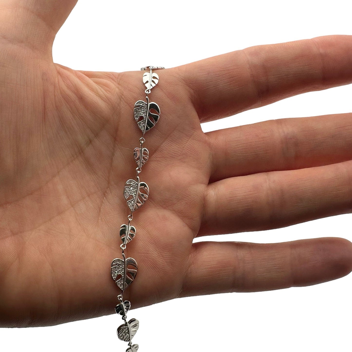 Clear Cubic Zirconia Monstera Leaf Design Sterling Silver Bracelet