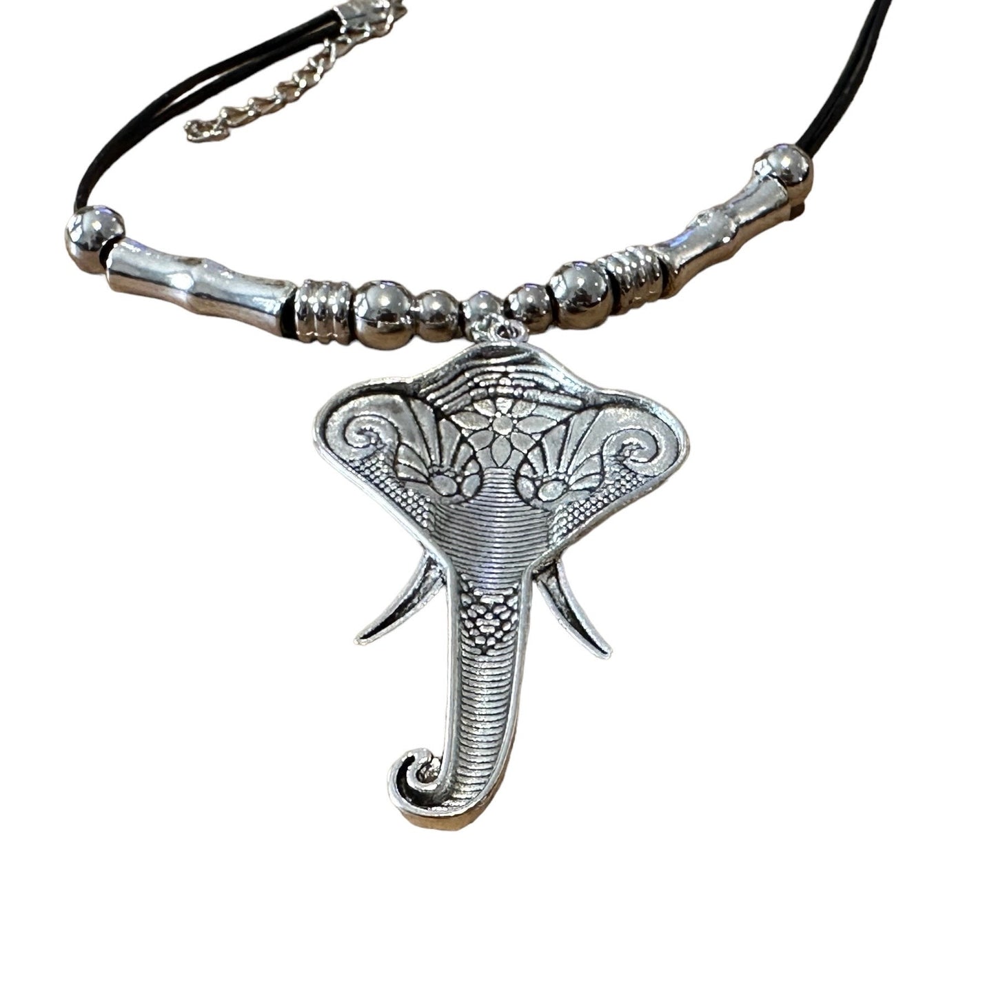 Bohemian Double Layered Black Leather Elephant Charm Choker Sweater Necklace