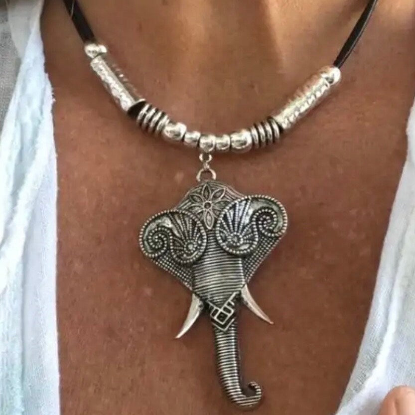 Bohemian Double Layered Black Leather Elephant Charm Choker Sweater Necklace