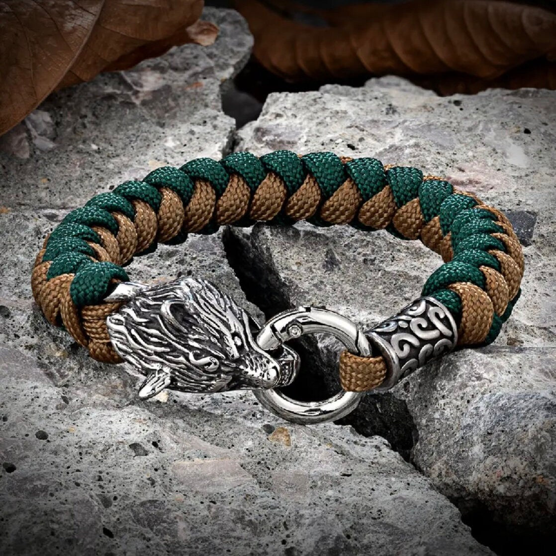 Stainless Steel Celtic Wolf Head Lanyard Norse Viking Survival Paracord Bangle Wrap Bracelet Available in 2 Colours