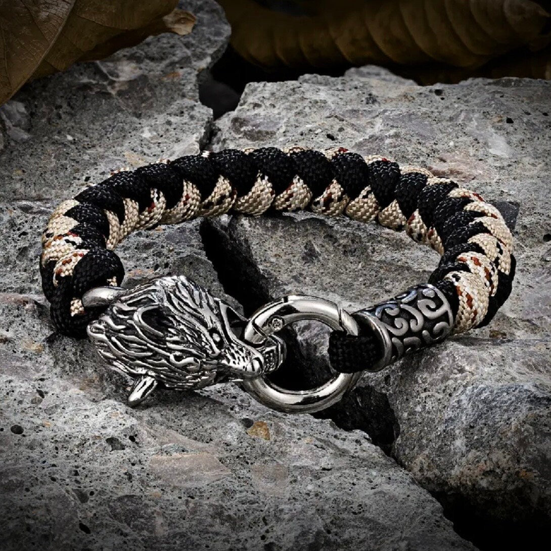 Stainless Steel Celtic Wolf Head Lanyard Norse Viking Survival Paracord Bangle Wrap Bracelet Available in 2 Colours