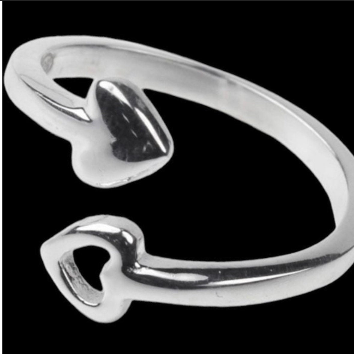 Pretty Sterling Silver Double Heart Open Adjustable Ring