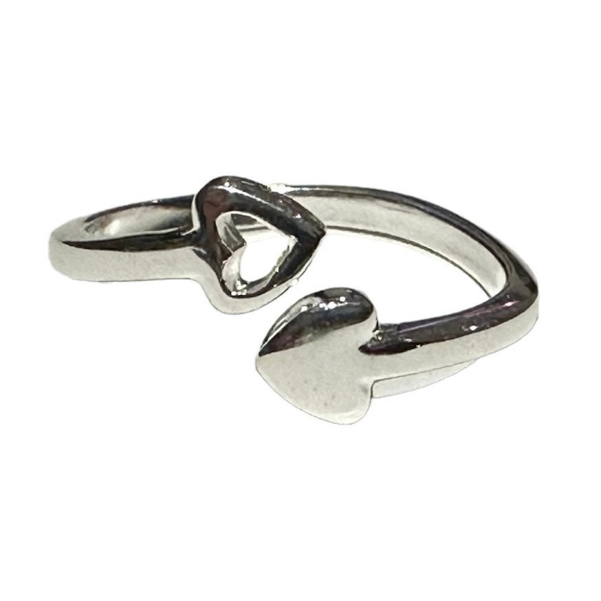 Pretty Sterling Silver Double Heart Open Adjustable Ring