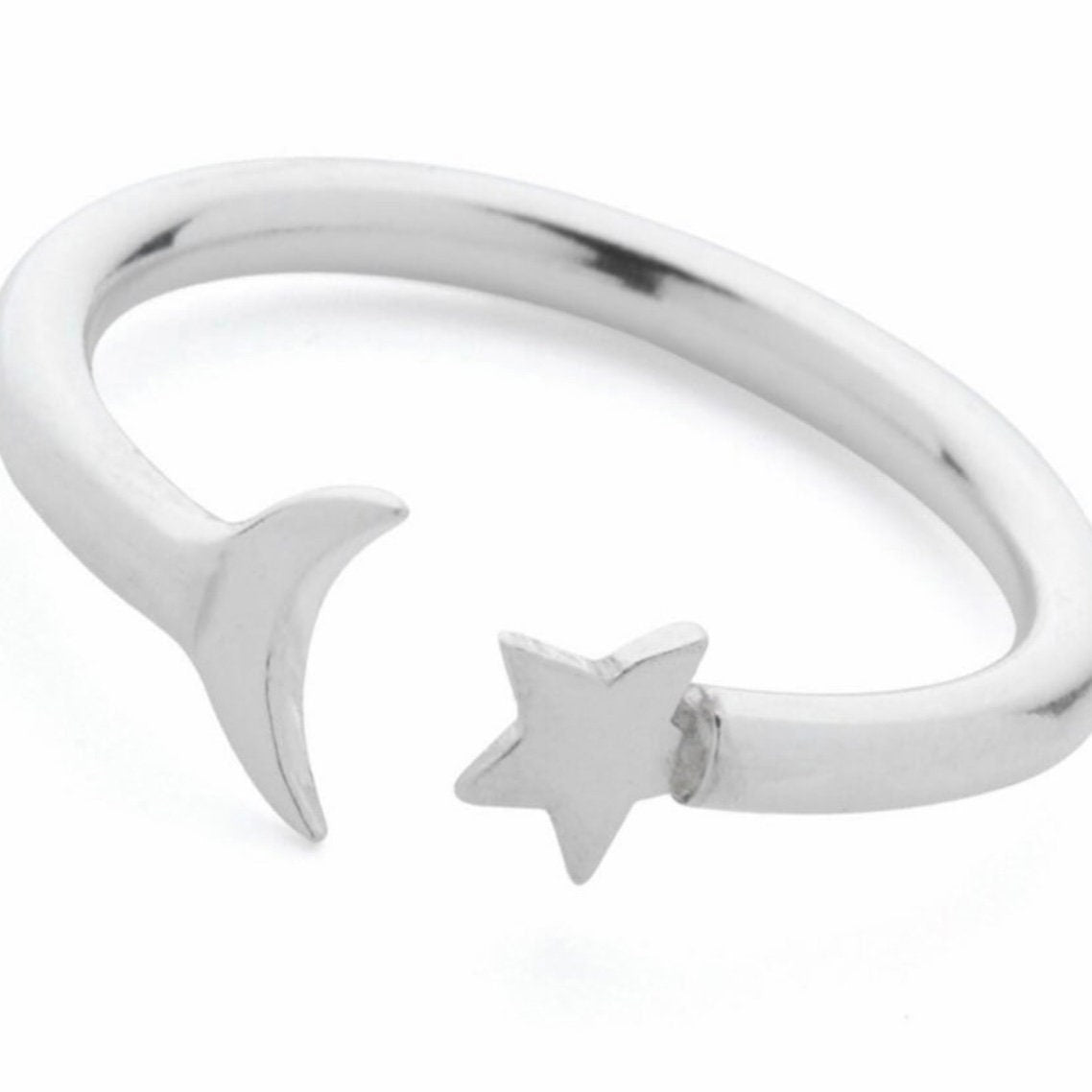 Sterling Silver Open Adjustable Moon and Star Ring