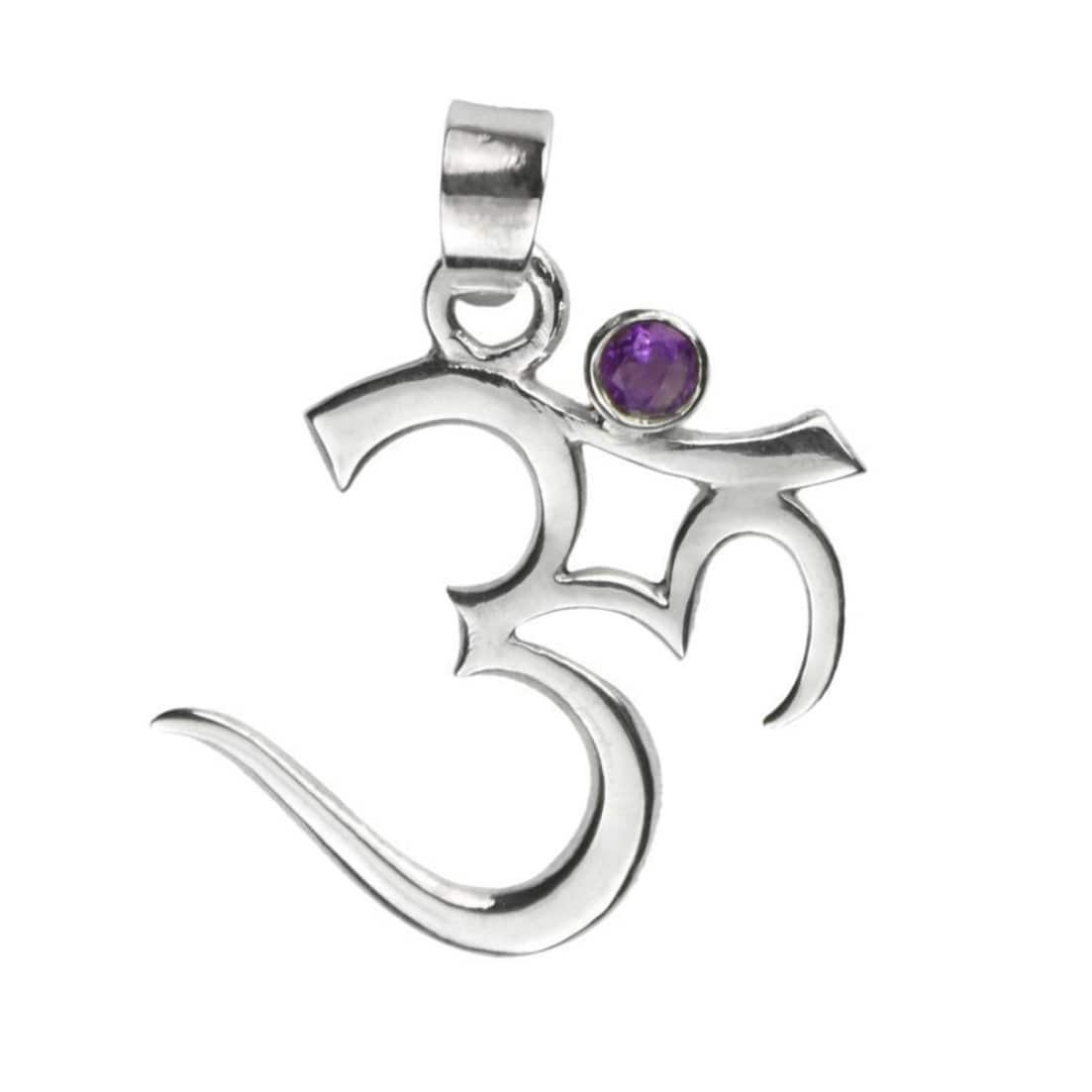 Om Symbol Gemstone Amethyst Facet Pendant with Bail Sterling Silver