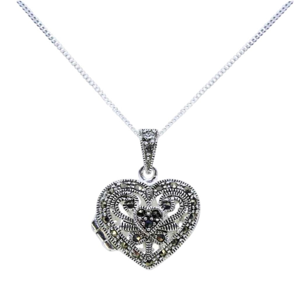 Sterling Silver Love Heart Locket with Marcasite Stones Pendant with Sterling 18 Inch Necklace