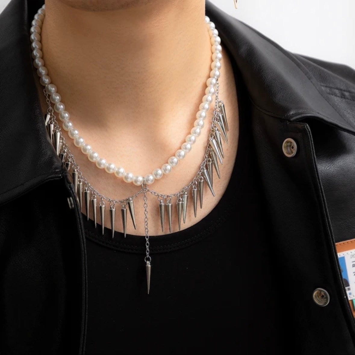 Punk Double Layered Thick Chain Tassel with Spike Cone Rivet Pendants Short Choker Necklace