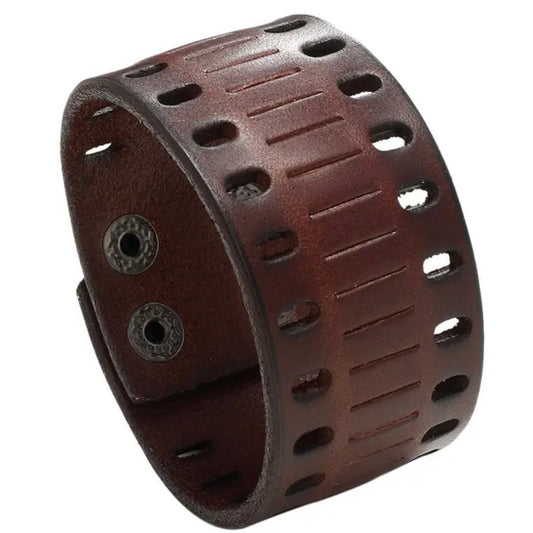 Vintage Brown Leather Wide Cuff Hole Bracelet Wrap