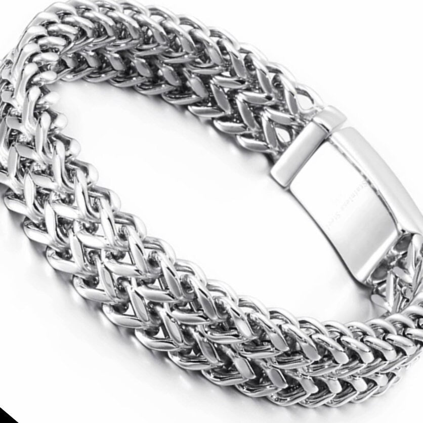 12MM Silver Stainless Steel Mesh Link Chain Polished Bracelet Bangle