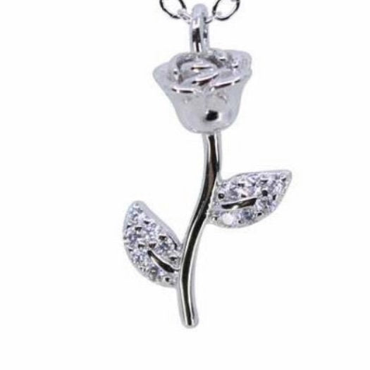 Silver Clear Cubic Zirconia Stones Rose Design Sterling Silver Pendant Necklace