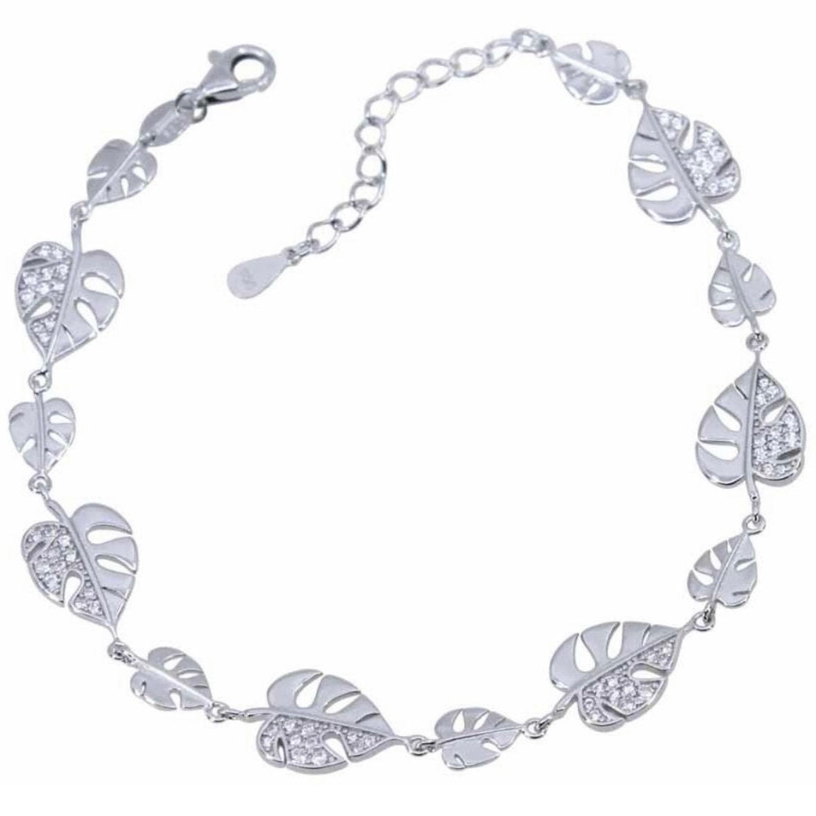 Clear Cubic Zirconia Monstera Leaf Design Sterling Silver Bracelet