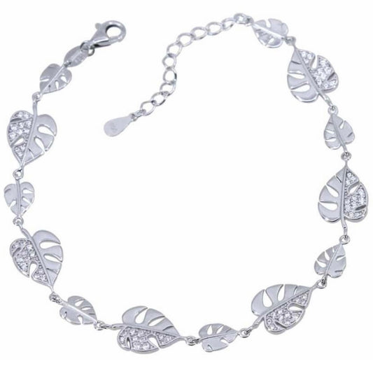 Clear Cubic Zirconia Monstera Leaf Design Sterling Silver Bracelet