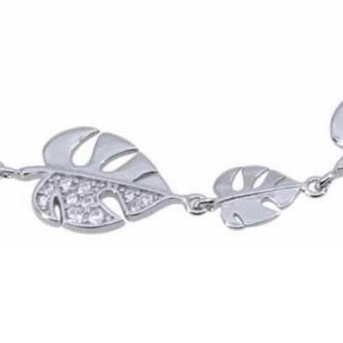 Clear Cubic Zirconia Monstera Leaf Design Sterling Silver Bracelet